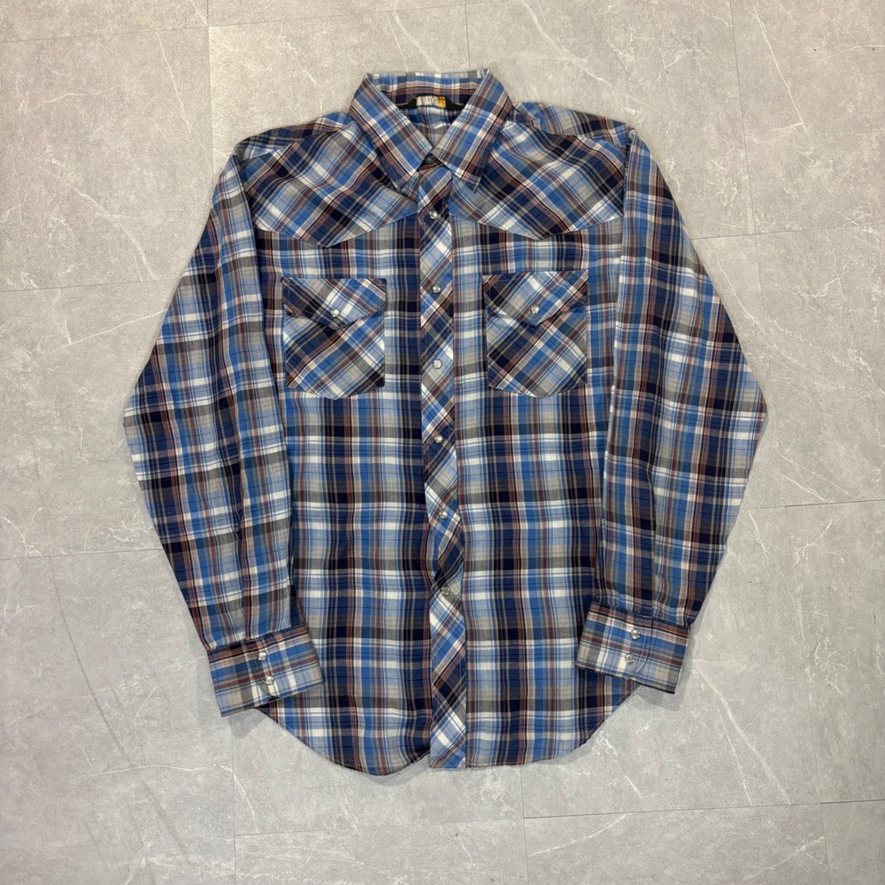 Vintage JCPenney Mens Blue Plaid Pearl Snap Western Shirt L 16-16.5